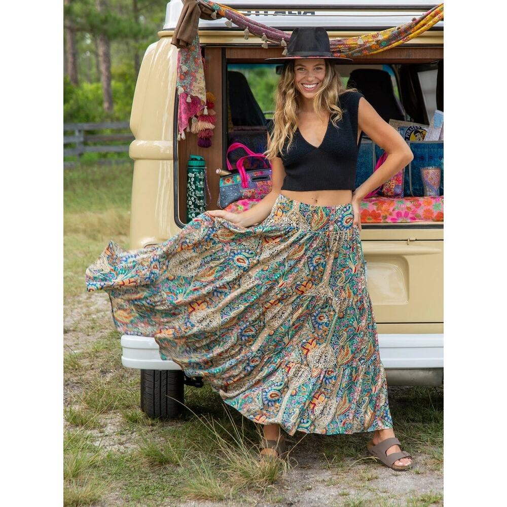 NATURAL LIFE Paisley Maxi Skirt in Teal, Orange & Brown